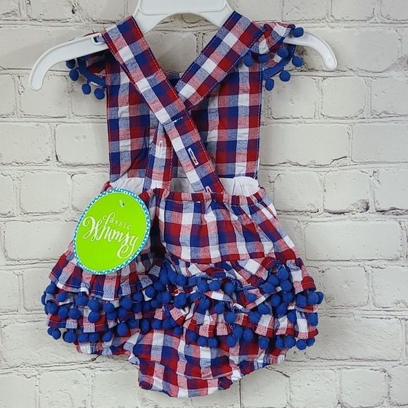NWT Baby Girl 3M Red White Blue Plaid Pom Ruffle Bubble Romper Outfit 1pc - Picture 10 of 10